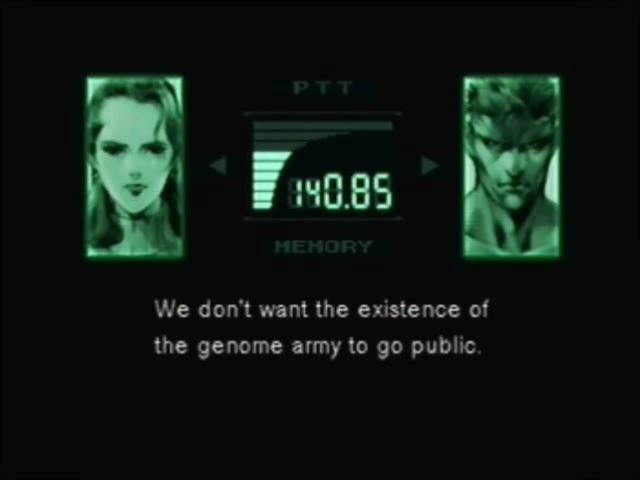 MGS1 Codec call where Naomi is talking to Snake saying "We don't want the existence of the genome army to go public"
