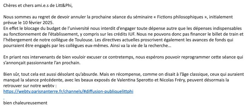 copie d'un mail annonçant l'annulation d'une séance de séminaire pour cause de budget bloqué par l'absence de budget voté par le Parlement.