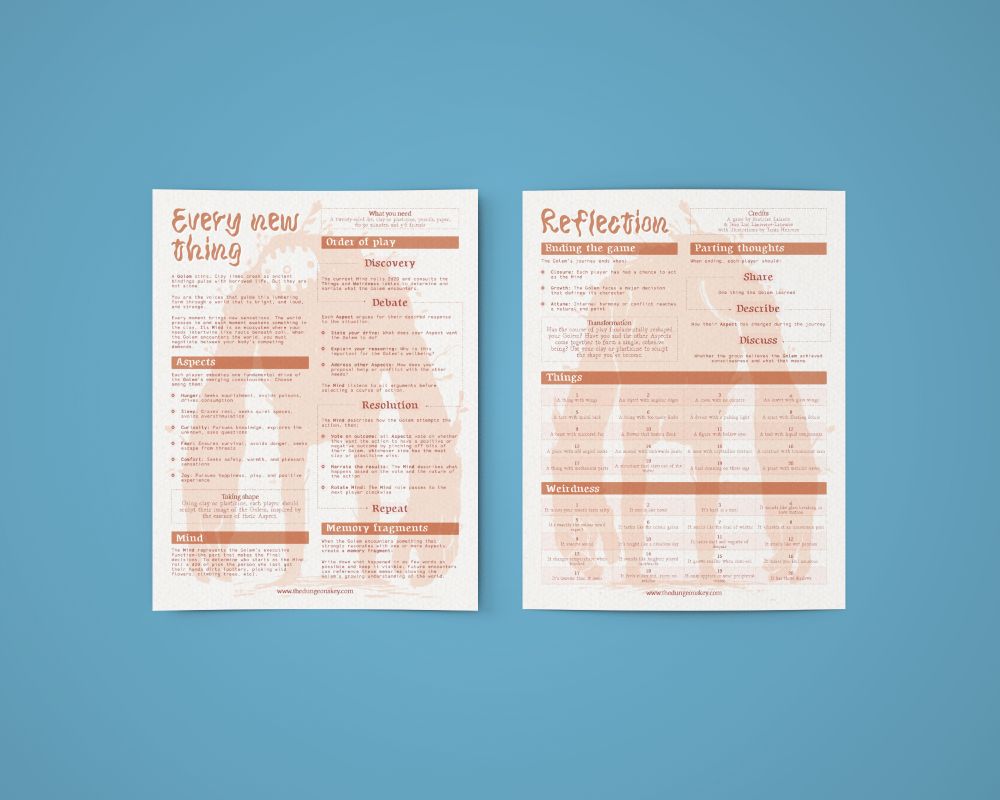Digital mock up of the Every New Thing one-page role playing game.