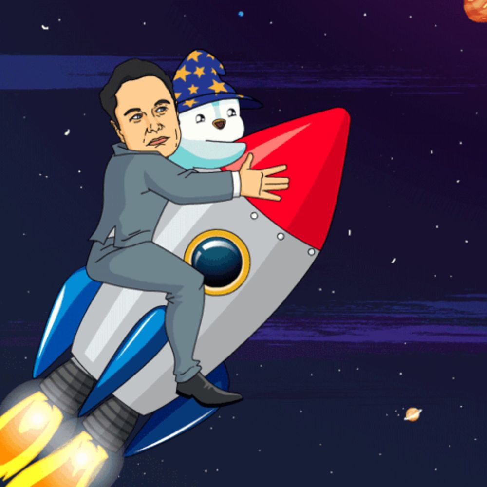 a cartoon of a man riding a rocket with a dog on it