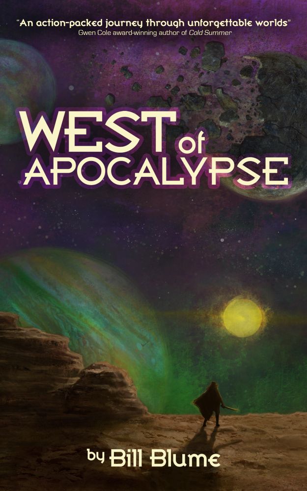 Cover to the novel West of Apocalypse with a moon crumbling in a night sky over a dark, desolate landscape with a gas giant and a distant sun on the horizon with a young knight with a sword in silhouette looking towards the sky