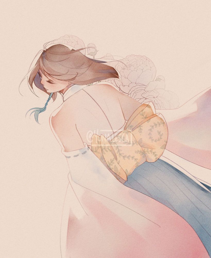 a watercolour style art piece of the character yuna from final fantasy x. her body is facing away from the viewer but her head is looking to the side. a serene expression can be seen on her face. there is a gentle breeze that provides some motion to yuna's clothes and hair as well