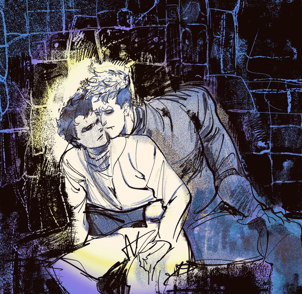 A digital drawing. Two men sitting next to each other in front of a brick wall. One man leans over and puts his face closer to the other man. He puts his arm around the other man's waist.