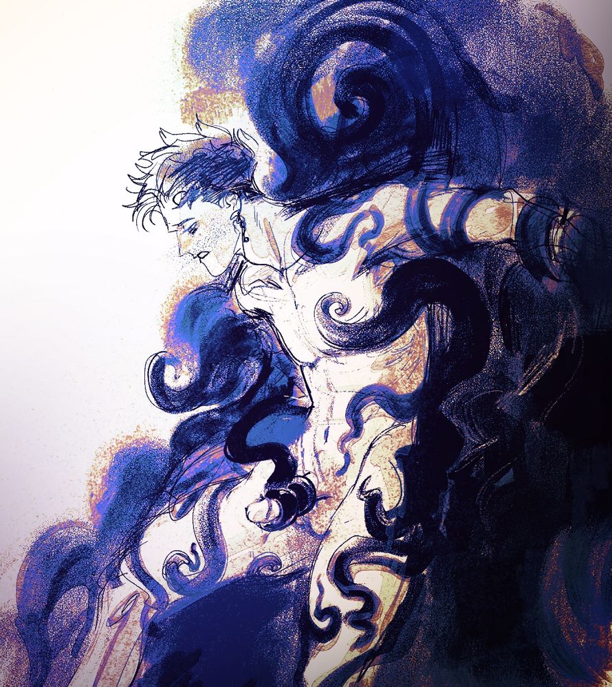 A digital drawing of a young man being restrained by tentacles. The tentacles wrap around his body and penis.