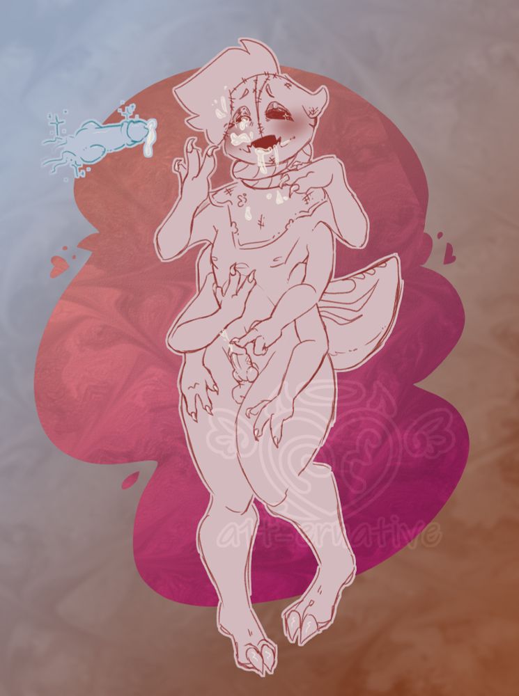 A sketch of a spider-sona character named "Rags" who has 6 arms, a potato sack over his head, and a spider's abdomen. To the left of Rags' head is a spectral knotted penis leaking cum, which covered Rags' face in cum as well. One of his hands is gently prodding at his own penis, while the other hands are caressing himself or making a show of enjoying himself.