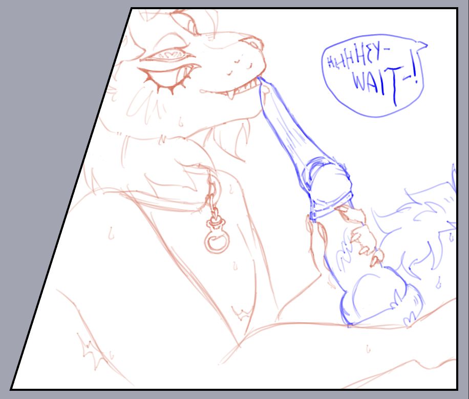 A panel from a work in progress comic where a furry character named "Maownok" is pulling a condom from another furry character's dick. 
