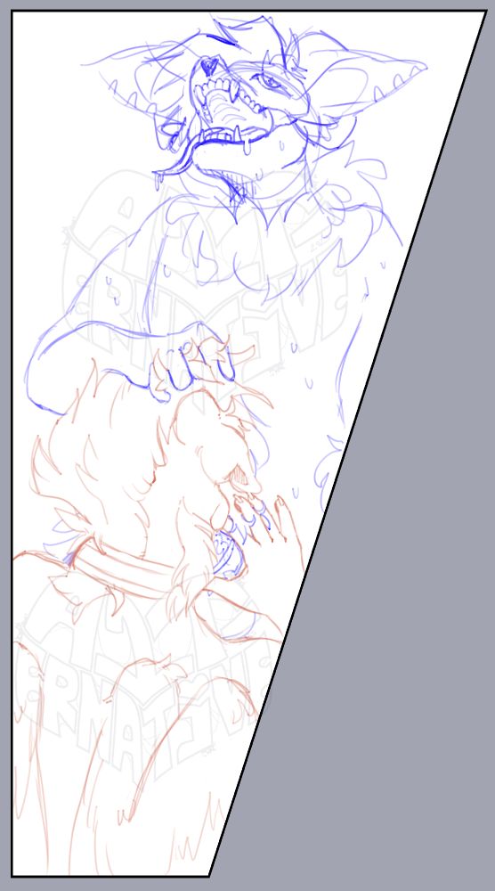 Two furry characters are sketched out, one in blue named "Celum" and the other in orange named "Maownok". Maownok is drawn giving Celum the head of his life, and Celum seems to be on cloud nine.