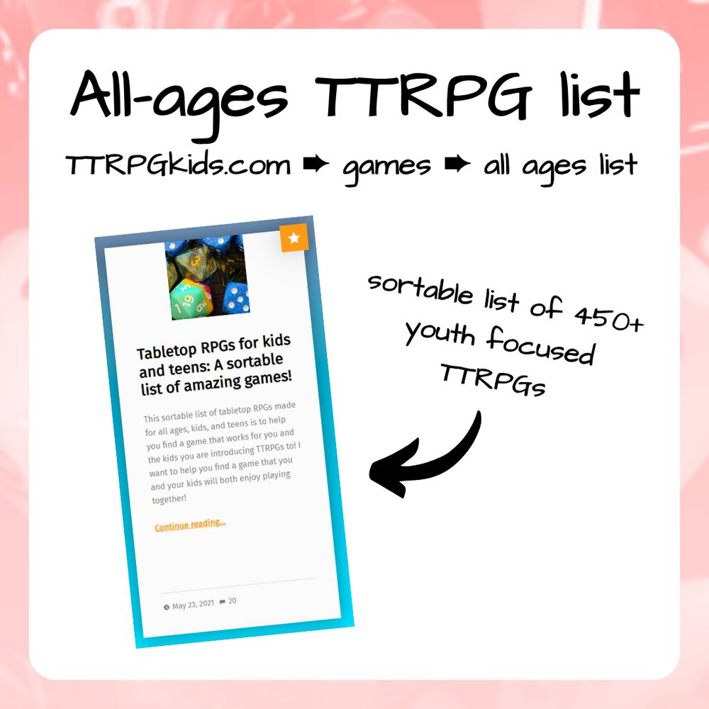 All-ages TTRPG list

TTRPGkids.com --> games --> all ages list

sortable list of 450+ youth focused TTRPGs