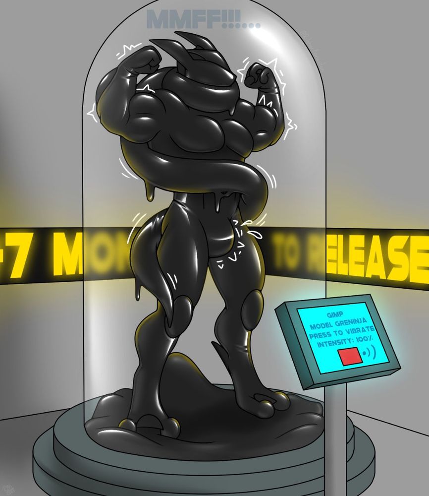 A blank, muscular Greninja made if black latex, standing in a pool of it and sealed in a glass capsule, is flexing as its tongue coils around it. There's a screen at the front calling it a gimp, and displaying a button which would vibrate its nullbulge at 100% intensity. Text in the background displays remaining time in storage: "7 months to release"