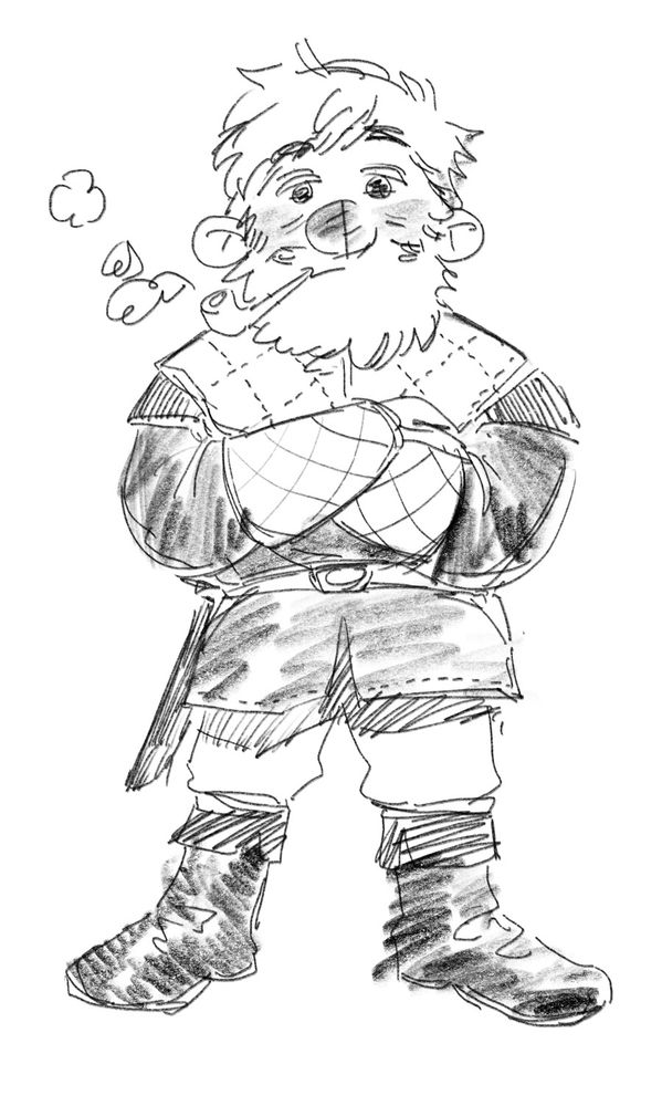 ✏️ a sketch of a halfing rogue with a scruffy beard and a pipe with his arms crossed... That's him... Dingo...