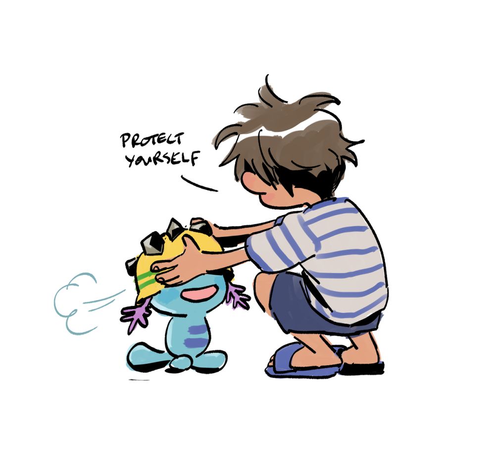 ✏️ a drawing of a person in a striped shirt, shorts, and slides squatting down, putting a rocky helmet on a clueless little Wooper and saying "protect yourself"