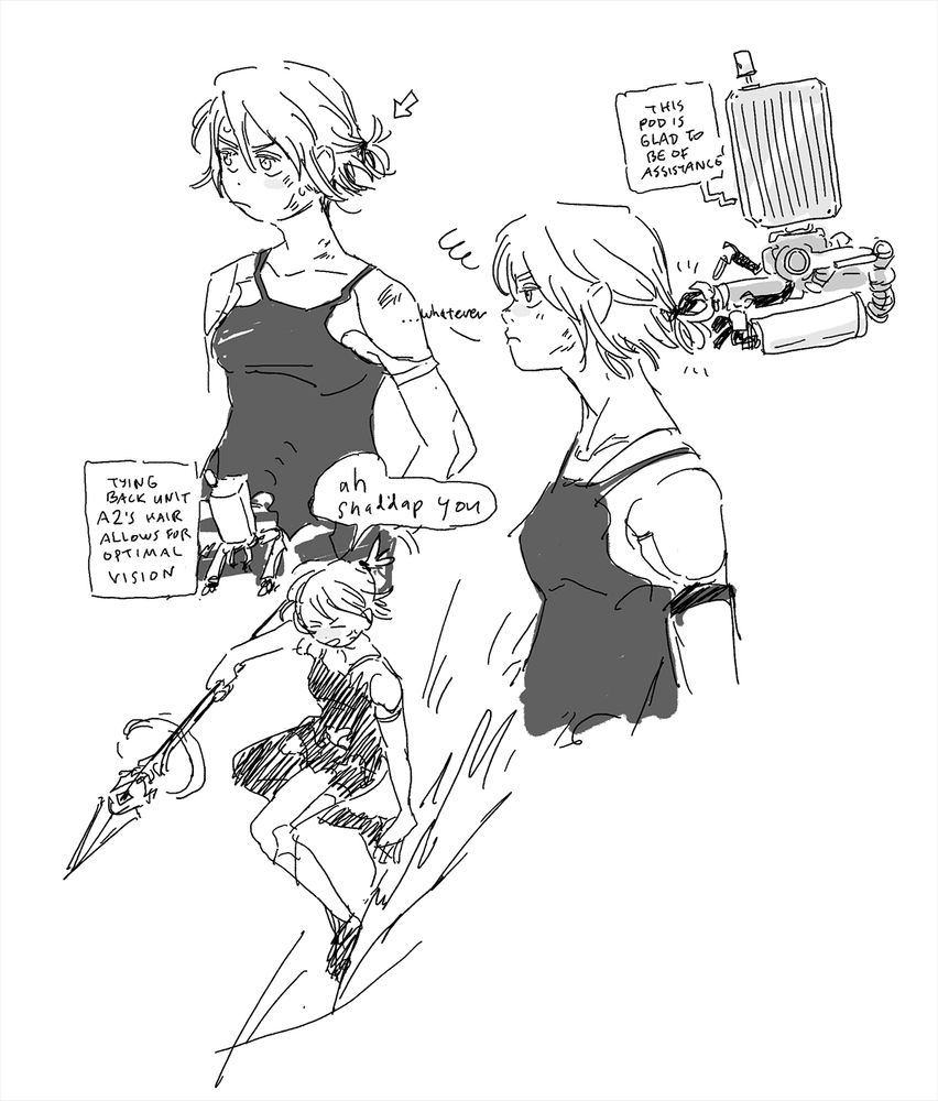 ✏️ sketches of A2 from Nier Automata with her short hair tied back (it's pod 042 that's tied it for her because they are best friends)