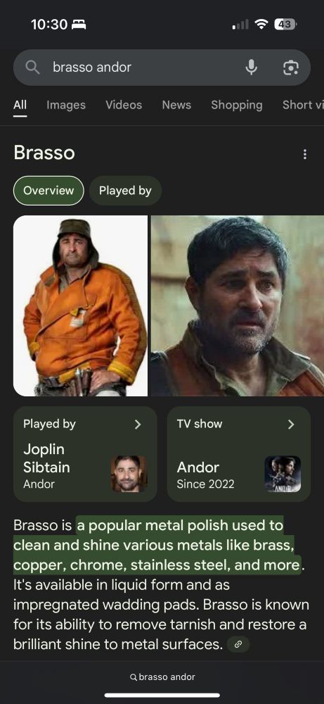 Useful Google widgets and images about Brasso, the character from Andor, followed by an AI-generated response about Brasso the industrial polish