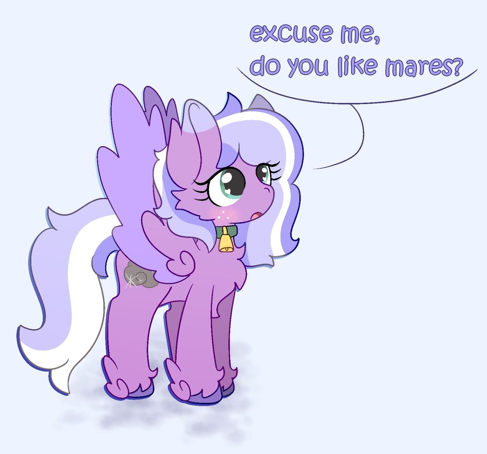 a lilac coloured pegasus oc standing on a pale blue background, looking upwards a little curiously with a slight blush. she is asking the question "excuse me, do you like mares?"