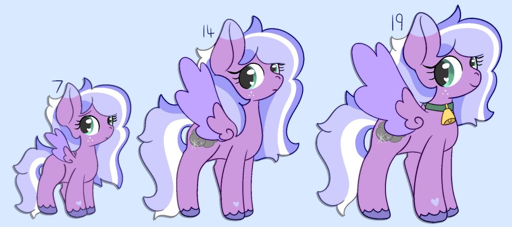 an image depicting a pegasus pony oc at three different ages. at age 7, she is quite nervous and not very confident. at age 14, she gets her cutie mark, but is still quite wary. she has long hair at these stages, but by age 19 her hair is a bit shorter and she is smiling faintly.