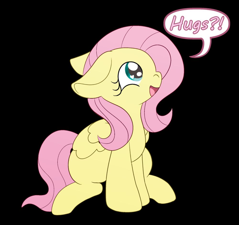 a finished example of the YCH, featuring Fluttershy sitting happily and exclaiming "Hugs?!"