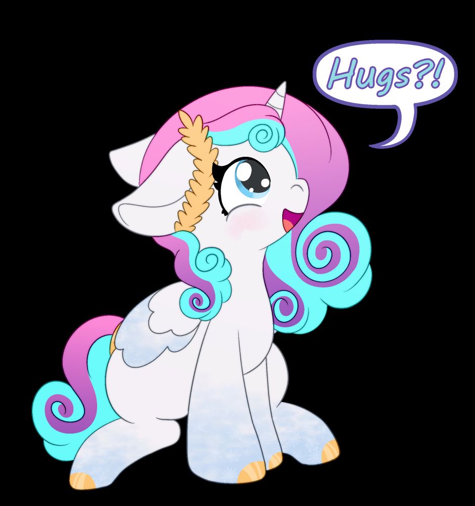 a soft pink, blue and purple alicorn OC named Lovely Promise. she's sat happily, her head turned to the side with a speech bubble that reads "Hugs?!"
