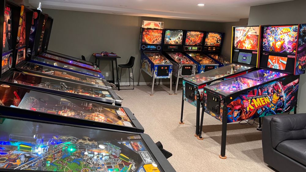 Several pinball machines including Uncanny X Men, James Bond, Fun House, Road Show, Scared Stiff, White Water