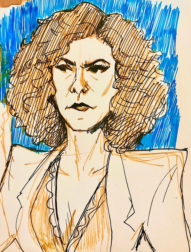 Messy fountain pen sketch (in yellow, black and blue ink) of Edi Patterson as Judy Gemstone from The Righteous Gemstones. She’s side-eyeing and making a judgmental face with pursed lips.