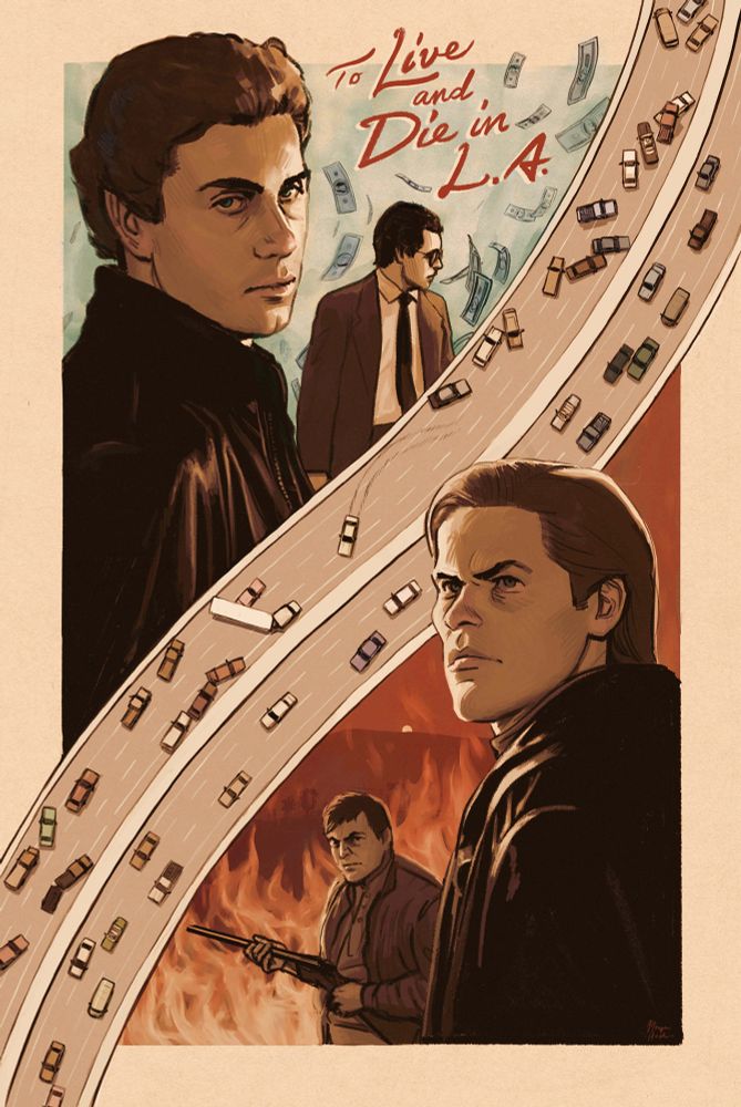 Illustrated poster for the movie To Live and Die in L.A. (1985, dir. William Friedkin) featuring likenesses of William Petersen and Willem Dafoe with an aerial rendering of a busy highway diagonally bisecting their respective sides of the composition. 