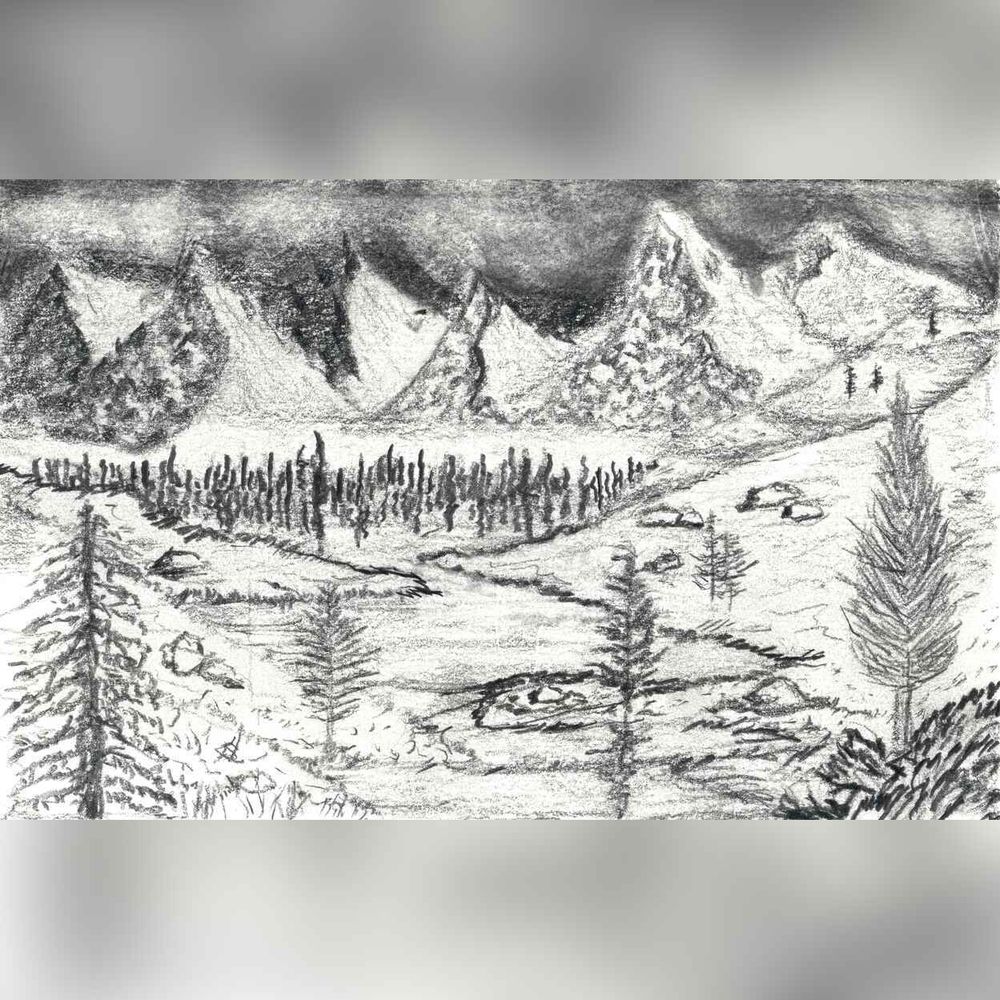 This drawing is a stunning pencil sketch of a serene landscape, featuring snowy mountains in the background, a forested area in the middle ground, and what looks like a river winding through the foreground. The shading captures the depth and texture of the scene beautifully, emphasizing the contrast between the rugged peaks and the softer, flowing river.