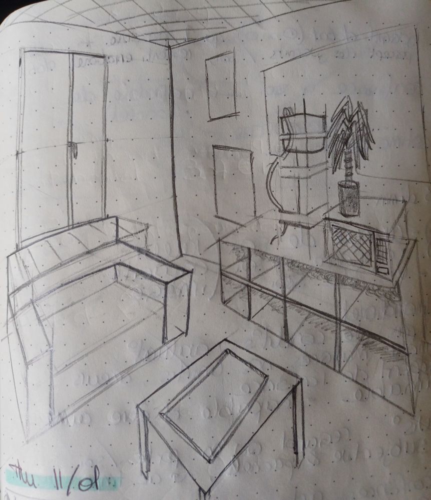 Pencil sketch of living room, with 2 points perspective 