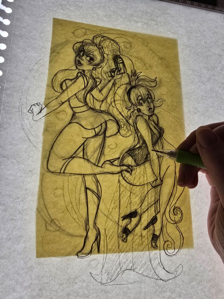 A pencil sketch of Kimberly and princess Daphne from space ace and dragons lair respectively. It's on light table with two layers of sketching 