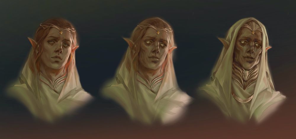 A sun elven Baelnorn’s face showcasing his progression through undeath