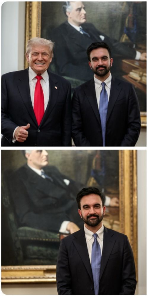 2 panel image: top, mamdani and trump next to each other at the white house, bottom, mamdani by himself in the same spot