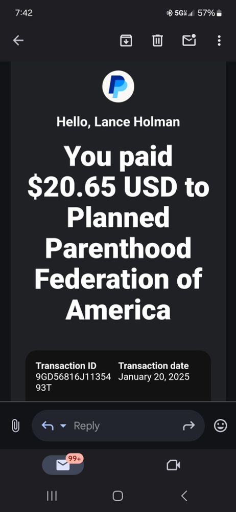 Receipt of donation to Planned Parenthood Federation of America. Donation of $20.65.
