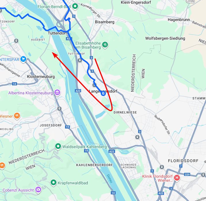 Eine Umgebungskarte von Wien, mit einer Teilstrecke der Route von Emil dem Elch. Es zeigt, wie Emil von Tuttendörfl Richtung Langenzersdorf marschiert ist, aber dann wieder kehrt gemacht hat und bei Tuttendörfl die Donau gequert hat und weiter Richtung Kritzendorf gepilgert ist