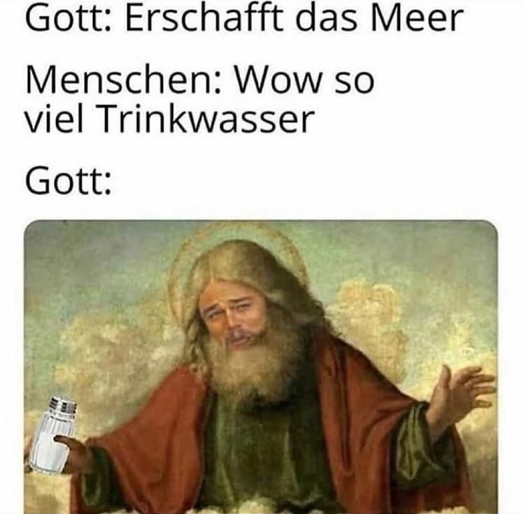 Zeigt einen Mann mit langen Haaren und heiligenschein allerdings mit dem Gesicht von Leonardo di caprio und einem Salzstreuer in der Hand. 
Darüber der Text "Gott: erschafft das Meer 
Menschen: Wow, so viel Trinkwasser.
Gott: (und dann eben der Herr mit dem Salzstreuer)