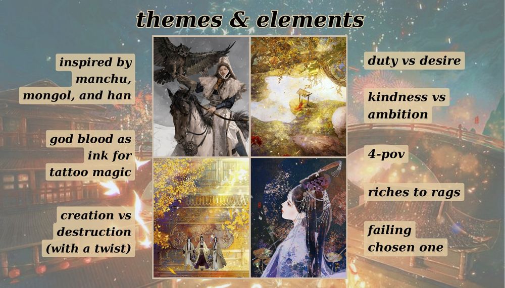 themes and elements: inspired by manchu, mongol, and than. God blood as ink for tattoo magic. creation vs destruction with a twist. Duty vs desire. kindness vs ambition. 4-pov. riches to rags. failing chosen one