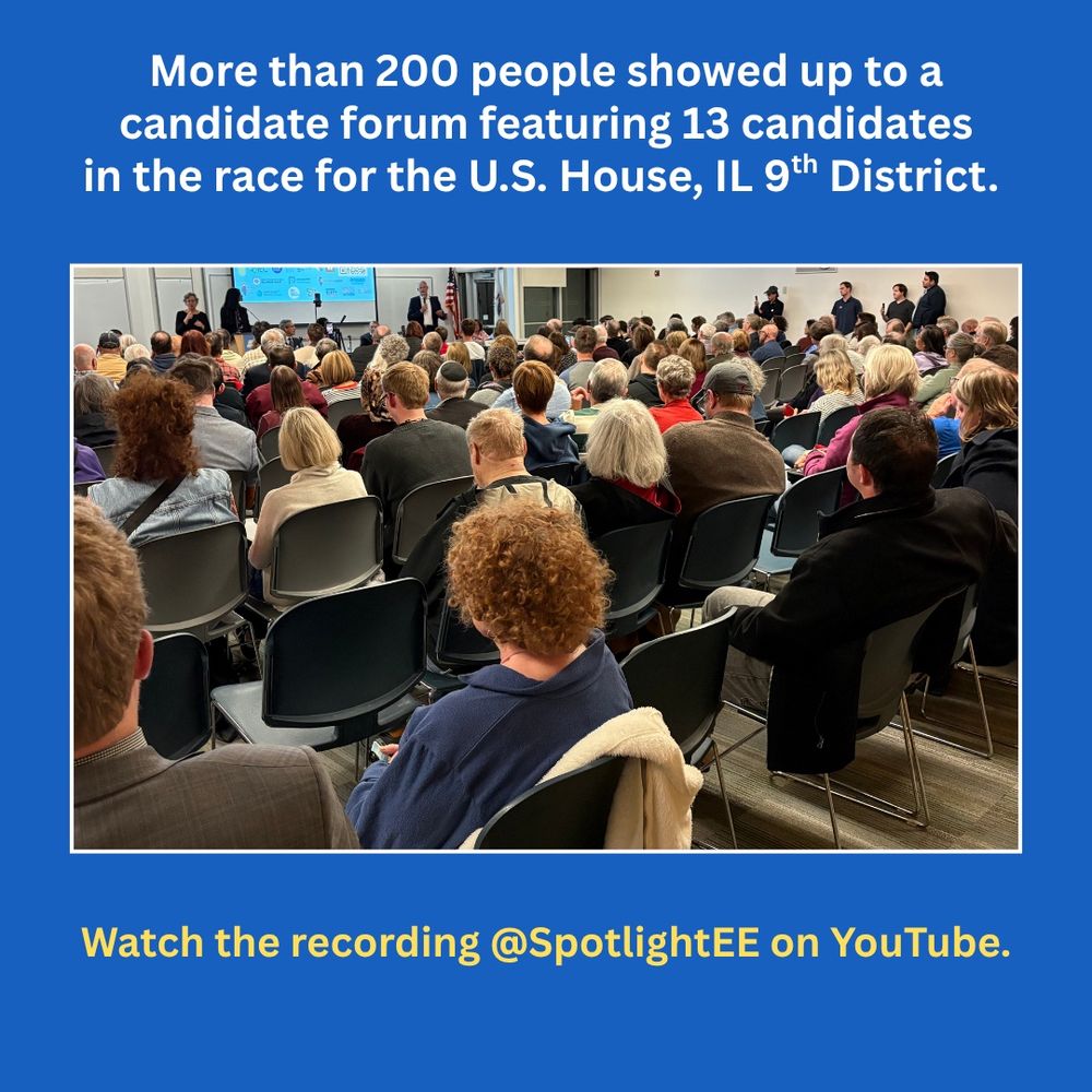 People sit in a crowded room to watch a candidate forum featuring Democrats running for the U.S. House, Illinois 9th District.