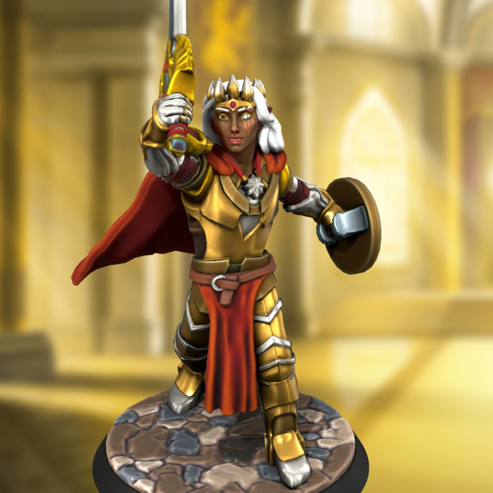 A hero forge mini of a dark skinned knight with white hair, holding up a golden sword
