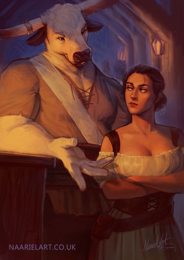 painting of a sexy minotaur and a busty human woman in a tavern, the blue hues of the night contrasting with the warm orange glow of the bar. the minotaur is attempting to flirt, and she's attempting to resist him by giving him the iciest glare she can muster. she's failing her goal.
