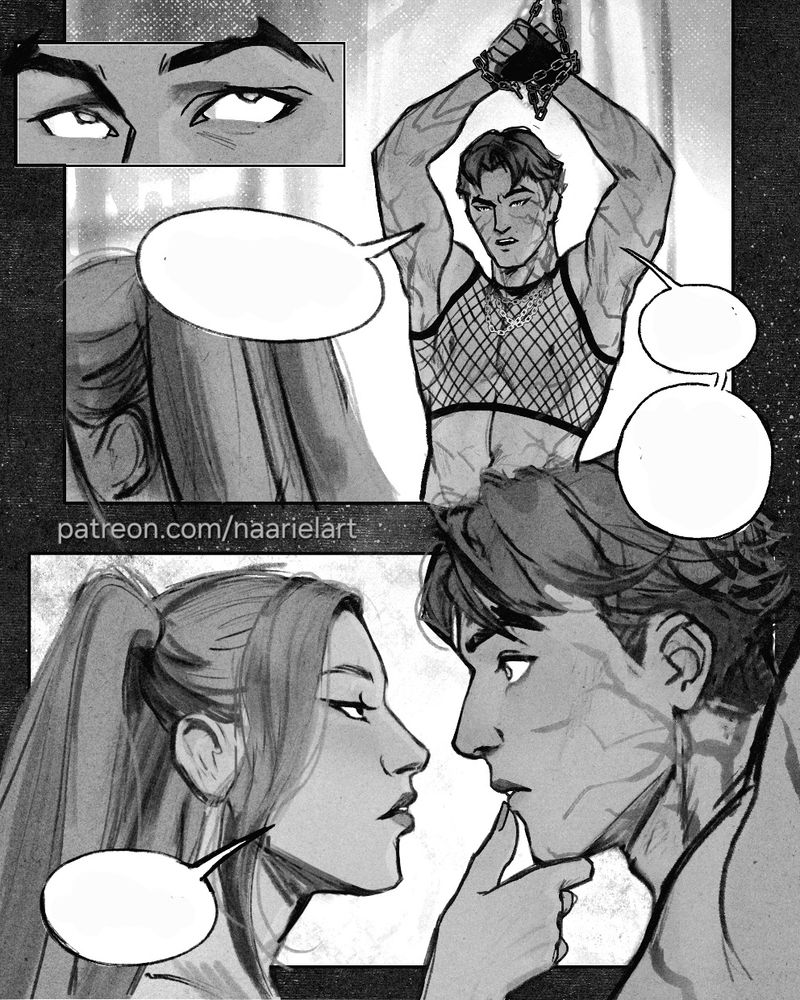 Black and White comic of mira and abby from kpop demon hunters with blank speech bubbles. Abby is chained up.