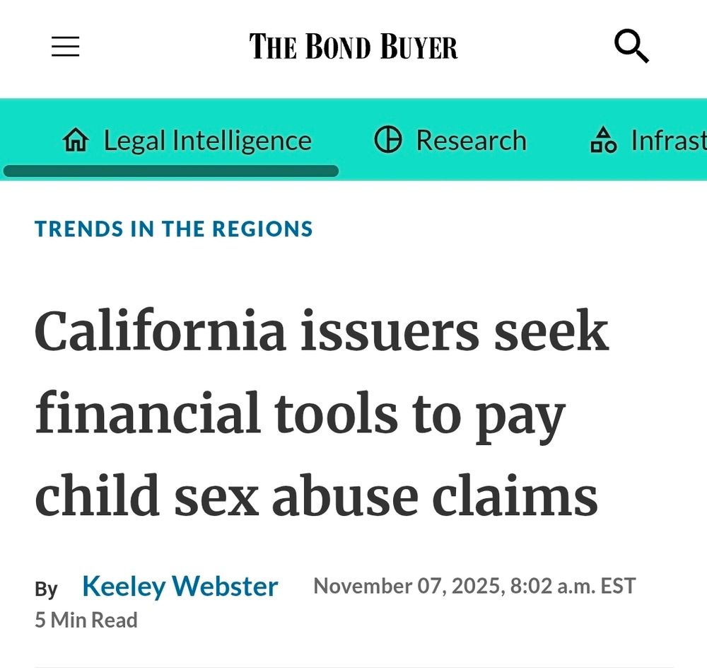 Bond Buyer article with headline that reads "California issuers seek financial tools to pay child sex abuse claims" 