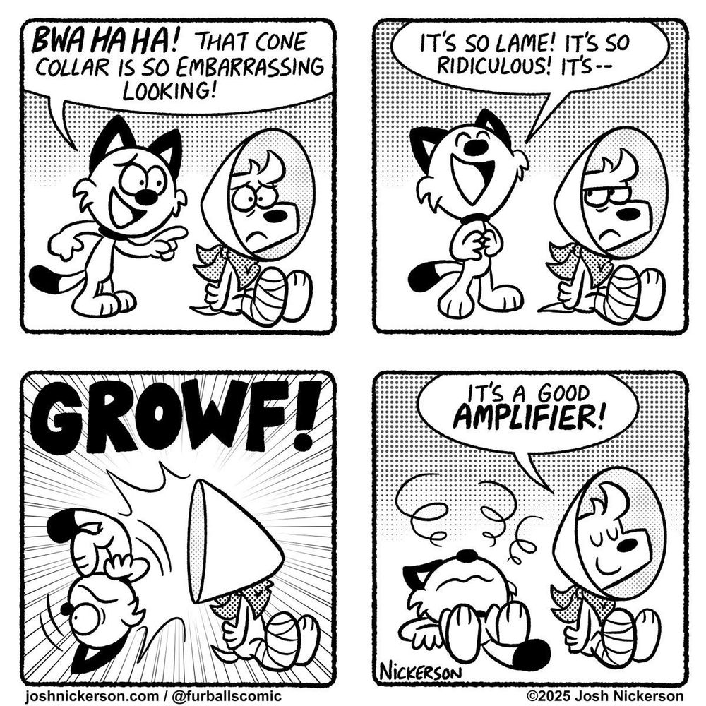 Panel 1 - Blue is wearing his dog cone while Red laughs
Red: "Bwa ha ha! That cone collar is so embarrassing looking!"

Panel 2
Red: "It's so lame! It's so ridiculous! It's--"

Panel 3 - Blue barks loudly out of his cone

Panel 4 - Red lays dazed on the ground
Blue: "It's a good amplifier!"