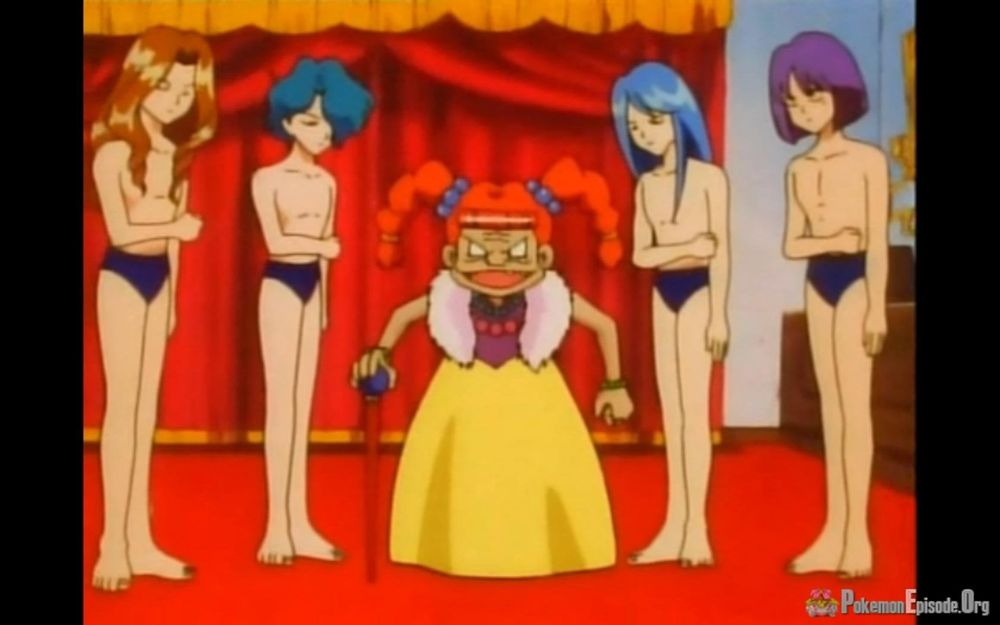 A frame from the Pokémon episode Tentacool and Tentacruel that shows Nastina, the episode's villain, with a group of men in speedos