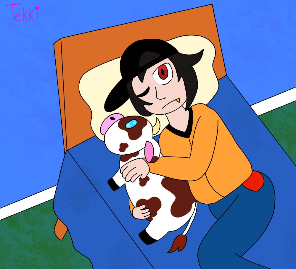 Digital fanart of Kevin Spencer laying in bed, cuddling a cow plush. He appears to be waking up from a nap.