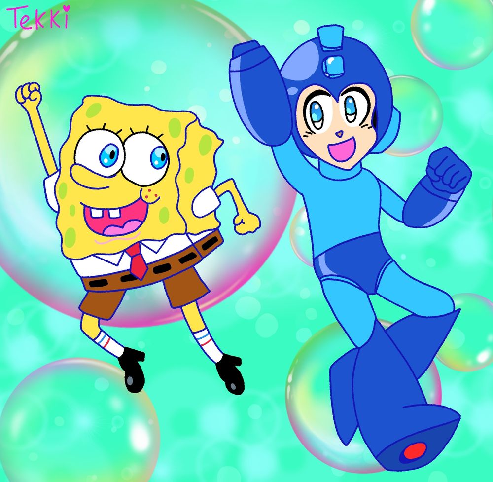 Digital fanart of Spongebob Squarepants and Megaman striking a pose on a teal background full of bubbles