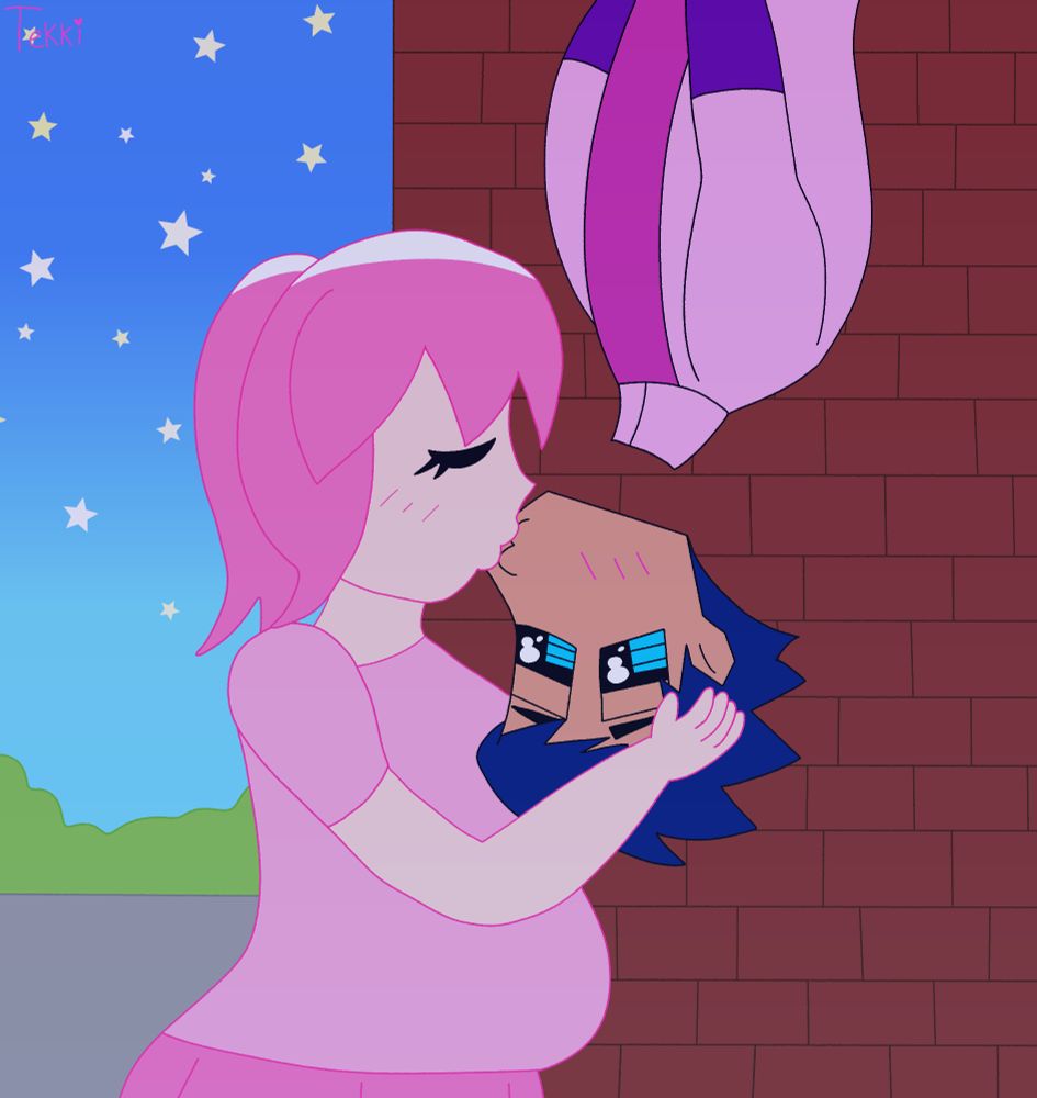 Tekki kissing Simon, who is hanging upside down and wearing his superhero costume from Prozzak's Wild Thing video. This is a tribute to the scene from Sam Raimi's Spiderman movie.