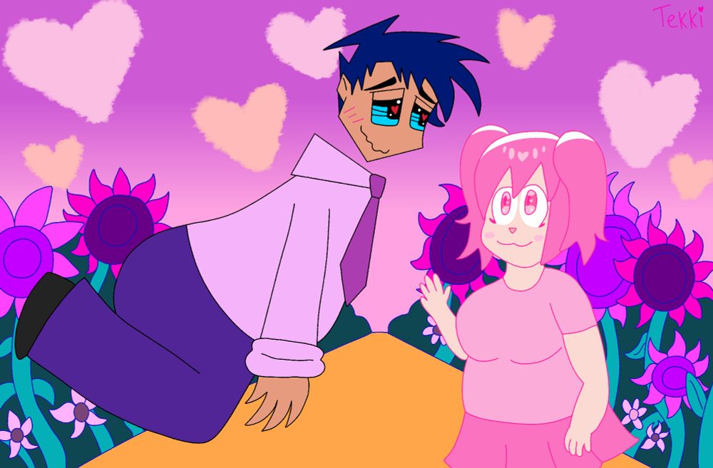 Simon floating through the air in love while Tekki waves at him. 