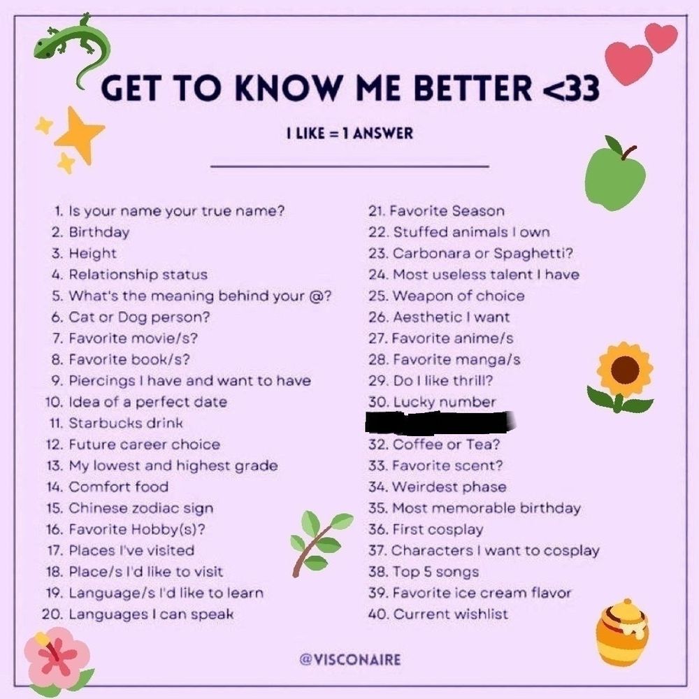 List of questions to answer based on how many likes it gets. Numbered 1-40. Pink background and spring motifs including flowers, honey pots, and animals