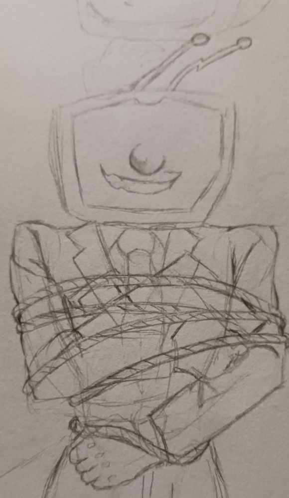 Tenna standing upright tied up with rope, holding a briefcase against his chest with a sheepish smile.