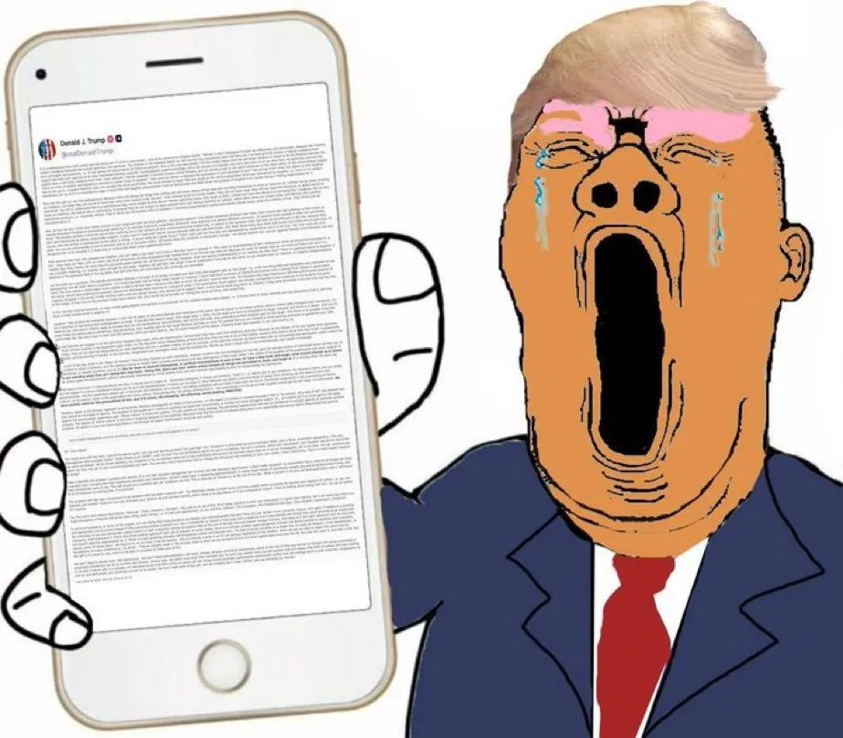 a soyjak edit of trump crying, holding up a phone. the phone is a screenshot of a long post probably about the epstein files but the joke is that he's crying and trying to post through the scandal.