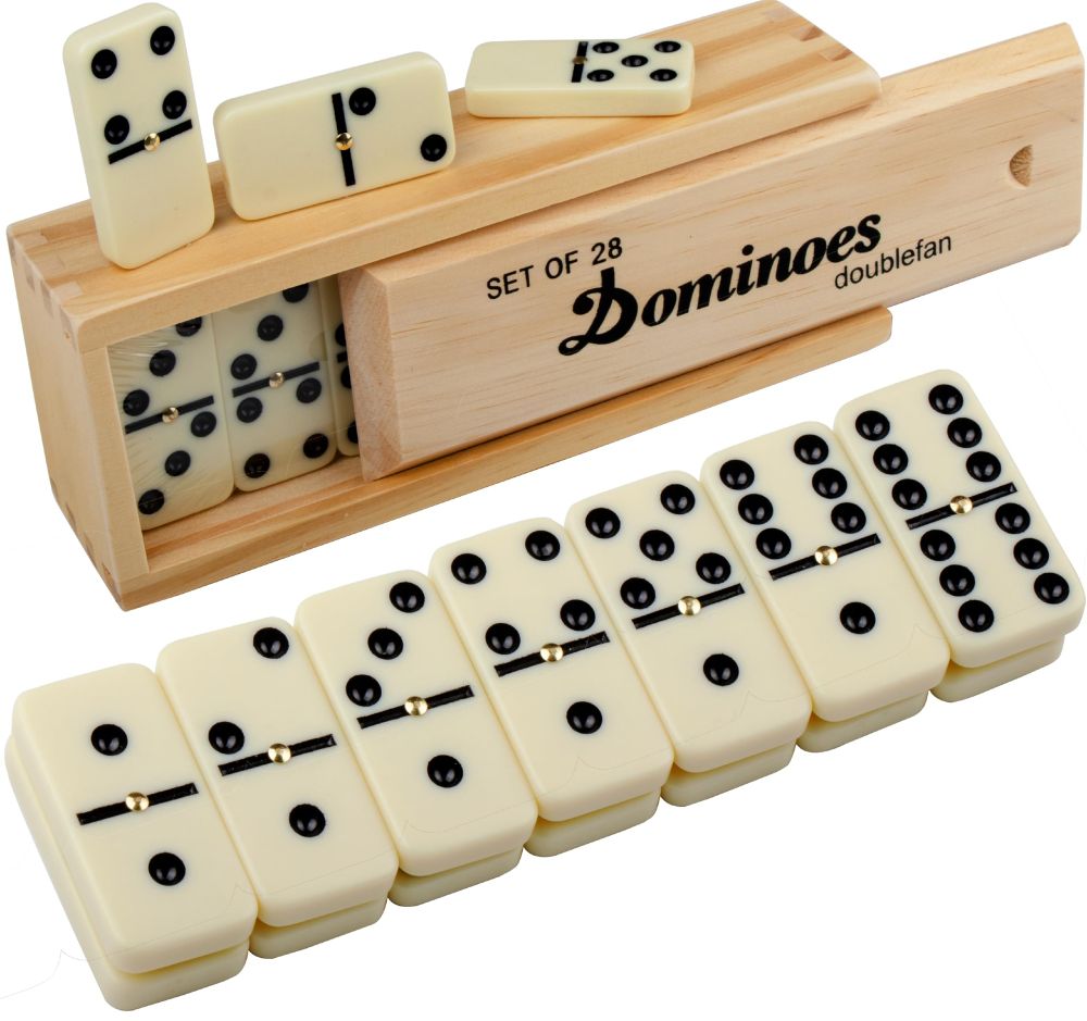 a set of dominoes tiles, and a slighly opened wooden case.