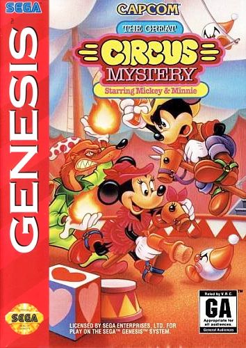 sega genesis cover art of "the great circus myster starring mickey and minnie." the couple can be seen in action fighting off circus-themed enemies.