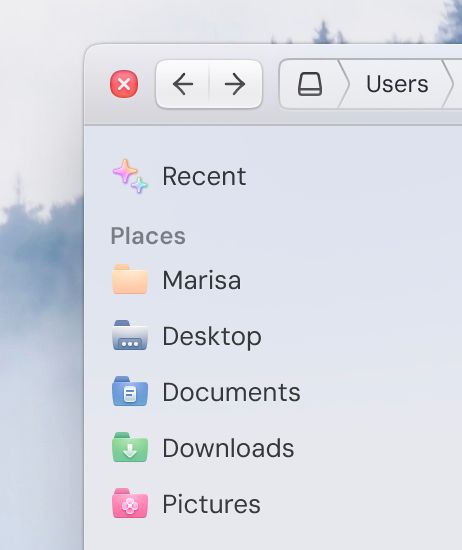 screenshot of a file manager concept from a fictional operating system, showing a sidebar with Recent, Marisa (home folder), Desktop, Documents. Downloads, and Pictures destinations. the whole thing has a soft aesthetic, with diffused gloss. squircles, maximally smooth corners, and slightly curved icons.
